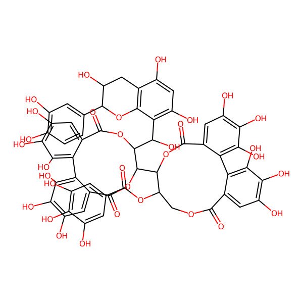 2D Structure of [10-[11-[[2-(3,4-dihydroxyphenyl)-3,5,7-trihydroxy-3,4-dihydro-2H-chromen-8-yl]-hydroxymethyl]-3,4,5,16,17,18-hexahydroxy-8,13-dioxo-9,12-dioxatricyclo[12.4.0.02,7]octadeca-1(18),2,4,6,14,16-hexaen-10-yl]-3,4,5,17,18,19-hexahydroxy-8,14-dioxo-9,13-dioxatricyclo[13.4.0.02,7]nonadeca-1(19),2,4,6,15,17-hexaen-11-yl] 3,4,5-trihydroxybenzoate