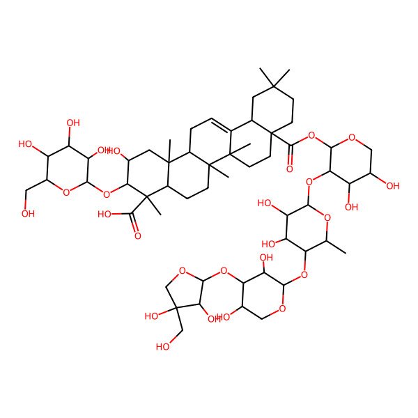 2D Structure of (2S,3R,4S,4aR,6aR,6bS,8aS,12aS,14aR,14bR)-8a-[(2S,3R,4S,5S)-3-[(2S,3R,4S,5R,6S)-5-[(2S,3R,4S,5R)-4-[(2S,3R,4R)-3,4-dihydroxy-4-(hydroxymethyl)oxolan-2-yl]oxy-3,5-dihydroxyoxan-2-yl]oxy-3,4-dihydroxy-6-methyloxan-2-yl]oxy-4,5-dihydroxyoxan-2-yl]oxycarbonyl-2-hydroxy-4,6a,6b,11,11,14b-hexamethyl-3-[(2R,3R,4S,5S,6R)-3,4,5-trihydroxy-6-(hydroxymethyl)oxan-2-yl]oxy-1,2,3,4a,5,6,7,8,9,10,12,12a,14,14a-tetradecahydropicene-4-carboxylic acid