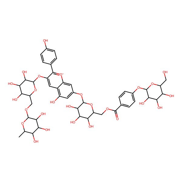2D Structure of [(2R,3S,4S,5R,6S)-3,4,5-trihydroxy-6-[5-hydroxy-2-(4-hydroxyphenyl)-3-[(2S,3R,4S,5S,6S)-3,4,5-trihydroxy-6-[[(2R,3S,4R,5R,6S)-3,4,5-trihydroxy-6-methyloxan-2-yl]oxymethyl]oxan-2-yl]oxychromenylium-7-yl]oxyoxan-2-yl]methyl 4-[(2S,3R,4S,5S,6R)-3,4,5-trihydroxy-6-(hydroxymethyl)oxan-2-yl]oxybenzoate