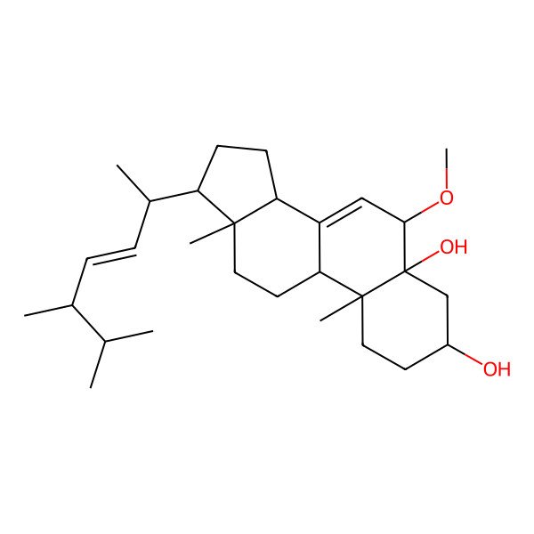 2D Structure of (3S,5R,6R,9S,10R,13R,14R,17R)-17-[(E,2R,5S)-5,6-dimethylhept-3-en-2-yl]-6-methoxy-10,13-dimethyl-1,2,3,4,6,9,11,12,14,15,16,17-dodecahydrocyclopenta[a]phenanthrene-3,5-diol