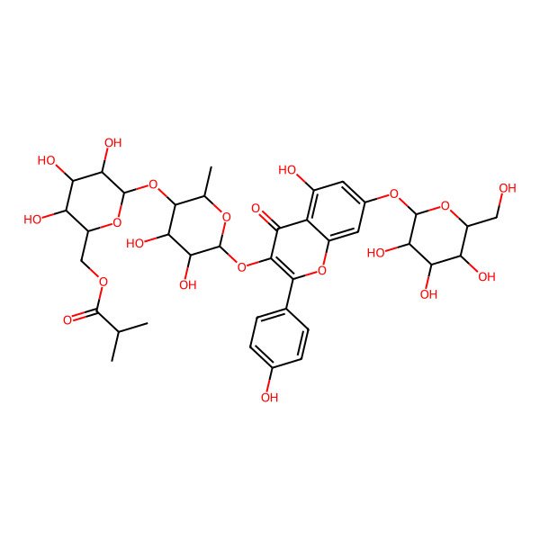 2D Structure of [(2R,3S,4S,5R,6S)-6-[(2S,3R,4S,5R,6S)-4,5-dihydroxy-6-[5-hydroxy-2-(4-hydroxyphenyl)-4-oxo-7-[(2S,3R,4S,5S,6R)-3,4,5-trihydroxy-6-(hydroxymethyl)oxan-2-yl]oxychromen-3-yl]oxy-2-methyloxan-3-yl]oxy-3,4,5-trihydroxyoxan-2-yl]methyl 2-methylpropanoate