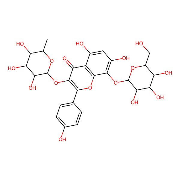 2D Structure of 5,7-dihydroxy-2-(4-hydroxyphenyl)-8-[(2S,3R,4S,5S,6R)-3,4,5-trihydroxy-6-(hydroxymethyl)oxan-2-yl]oxy-3-[(2S,3S,4R,5R,6S)-3,4,5-trihydroxy-6-methyloxan-2-yl]oxychromen-4-one