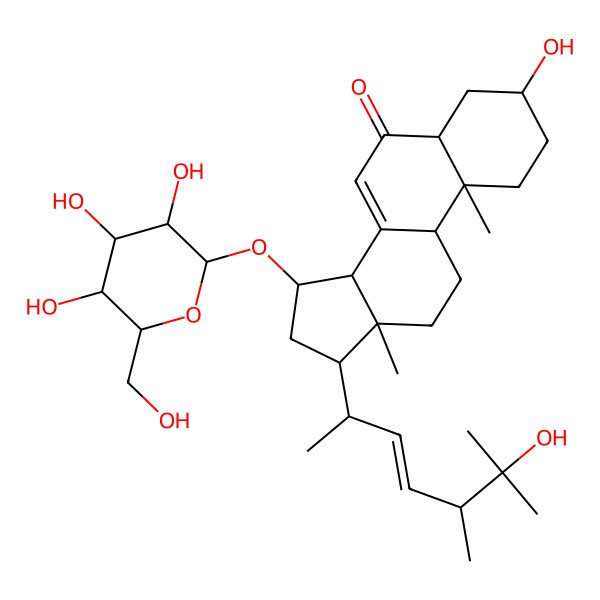 2D Structure of 3-Hydroxy-17-(6-hydroxy-5,6-dimethylhept-3-en-2-yl)-10,13-dimethyl-15-[3,4,5-trihydroxy-6-(hydroxymethyl)oxan-2-yl]oxy-1,2,3,4,5,9,11,12,14,15,16,17-dodecahydrocyclopenta[a]phenanthren-6-one