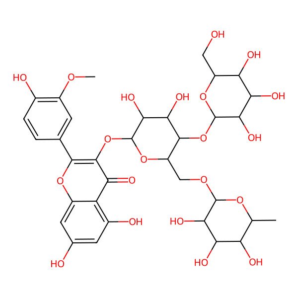 2D Structure of 3-[(2S,3R,4R,5S,6R)-3,4-dihydroxy-5-[(2S,3R,4S,5S,6R)-3,4,5-trihydroxy-6-(hydroxymethyl)oxan-2-yl]oxy-6-[[(2R,3R,4R,5R,6S)-3,4,5-trihydroxy-6-methyloxan-2-yl]oxymethyl]oxan-2-yl]oxy-5,7-dihydroxy-2-(4-hydroxy-3-methoxyphenyl)chromen-4-one