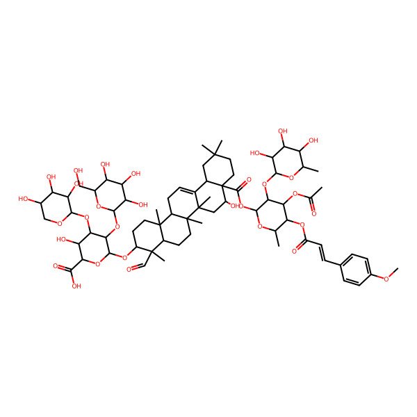 2D Structure of (2S,3S,4S,5R,6R)-6-[[(3S,4S,4aR,6aR,6bS,8R,8aR,12aS,14aR,14bR)-8a-[(2S,3R,4S,5S,6R)-4-acetyloxy-5-[(Z)-3-(4-methoxyphenyl)prop-2-enoyl]oxy-6-methyl-3-[(2S,3R,4R,5R,6S)-3,4,5-trihydroxy-6-methyloxan-2-yl]oxyoxan-2-yl]oxycarbonyl-4-formyl-8-hydroxy-4,6a,6b,11,11,14b-hexamethyl-1,2,3,4a,5,6,7,8,9,10,12,12a,14,14a-tetradecahydropicen-3-yl]oxy]-3-hydroxy-5-[(2S,3R,4S,5R,6R)-3,4,5-trihydroxy-6-(hydroxymethyl)oxan-2-yl]oxy-4-[(2S,3R,4S,5R)-3,4,5-trihydroxyoxan-2-yl]oxyoxane-2-carboxylic acid