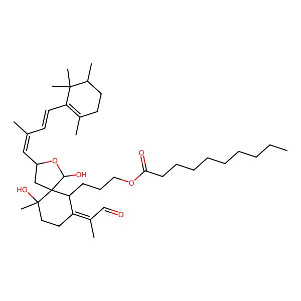 2D Structure of 3-[(1R,3R,5R,6S,9Z,10R)-1,6-dihydroxy-6-methyl-3-[(1E,3E)-2-methyl-4-[(5S)-2,5,6,6-tetramethylcyclohexen-1-yl]buta-1,3-dienyl]-9-(1-oxopropan-2-ylidene)-2-oxaspiro[4.5]decan-10-yl]propyl decanoate