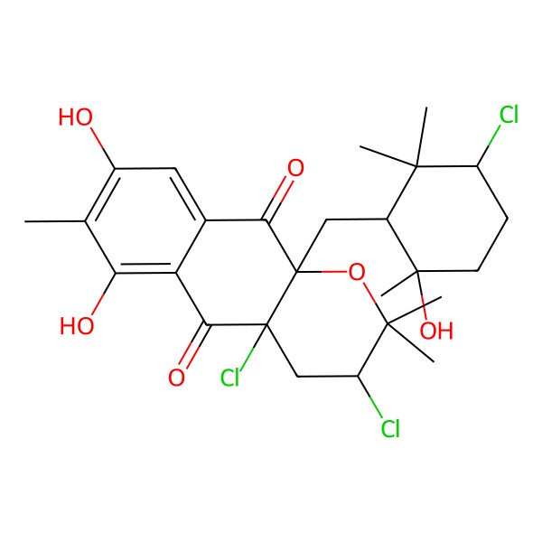 2D Structure of (3R,4aR,10aS)-3,4a-dichloro-10a-[[(3S,6S)-3-chloro-6-hydroxy-2,2,6-trimethylcyclohexyl]methyl]-6,8-dihydroxy-2,2,7-trimethyl-3,4-dihydrobenzo[g]chromene-5,10-dione