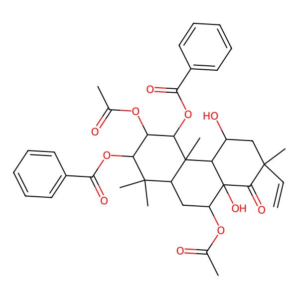 2D Structure of (3,9-diacetyloxy-4-benzoyloxy-7-ethenyl-5,8a-dihydroxy-1,1,4a,7-tetramethyl-8-oxo-3,4,4b,5,6,9,10,10a-octahydro-2H-phenanthren-2-yl) benzoate 2D Structure of (3,9-diacetyloxy-4-benzoyloxy-7-ethenyl-5,8a-dihydroxy-1,1,4a,7-tetramethyl-8-oxo-3,4,4b,5,6,9,10,10a-octahydro-2H-phenanthren-2-yl) benzoate