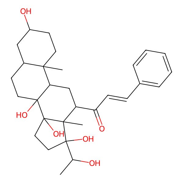 2D Structure of (E)-3-phenyl-1-[(3S,5S,8S,9R,10S,12R,13R,14R,17S)-3,8,14,17-tetrahydroxy-17-[(1S)-1-hydroxyethyl]-10,13-dimethyl-1,2,3,4,5,6,7,9,11,12,15,16-dodecahydrocyclopenta[a]phenanthren-12-yl]prop-2-en-1-one