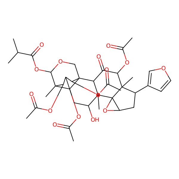 2D Structure of [4,19,20,21-Tetraacetyloxy-6-(furan-3-yl)-12-hydroxy-5,11,15-trimethyl-3-oxo-9,17-dioxahexacyclo[13.3.3.01,14.02,11.05,10.08,10]henicosan-16-yl] 2-methylpropanoate