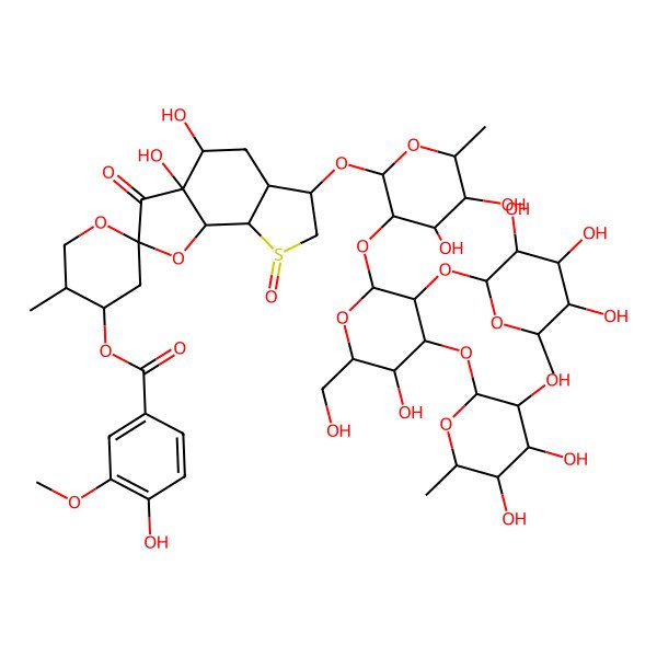 2D Structure of [6-[4,5-dihydroxy-3-[5-hydroxy-6-(hydroxymethyl)-3,4-bis[(3,4,5-trihydroxy-6-methyloxan-2-yl)oxy]oxan-2-yl]oxy-6-methyloxan-2-yl]oxy-3a,4-dihydroxy-5'-methyl-3,8-dioxospiro[5,5a,6,7,8a,8b-hexahydro-4H-thieno[3,2-g][1]benzofuran-2,2'-oxane]-4'-yl] 4-hydroxy-3-methoxybenzoate