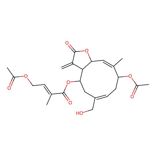 2D Structure of [(3aR,4R,6Z,9S,10E,11aR)-9-acetyloxy-6-(hydroxymethyl)-10-methyl-3-methylidene-2-oxo-3a,4,5,8,9,11a-hexahydrocyclodeca[b]furan-4-yl] (E)-4-acetyloxy-2-methylbut-2-enoate