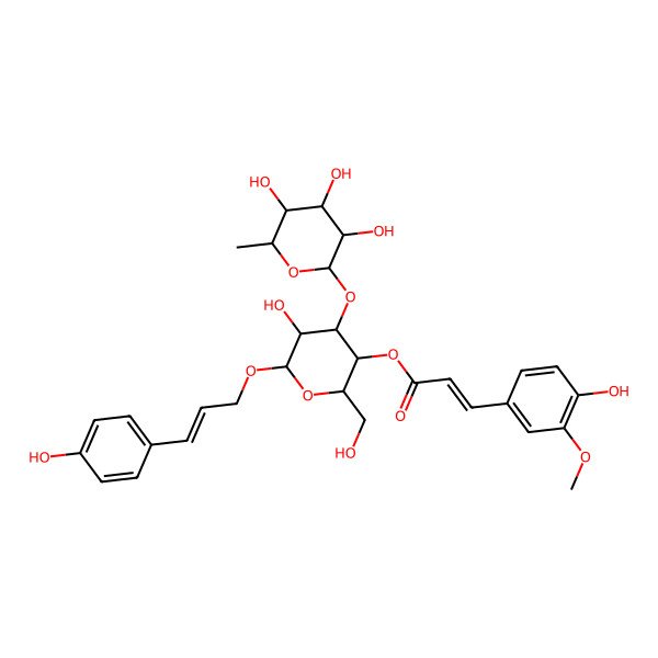 2D Structure of [5-Hydroxy-2-(hydroxymethyl)-6-[3-(4-hydroxyphenyl)prop-2-enoxy]-4-(3,4,5-trihydroxy-6-methyloxan-2-yl)oxyoxan-3-yl] 3-(4-hydroxy-3-methoxyphenyl)prop-2-enoate
