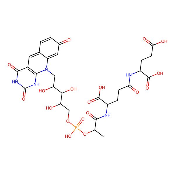 2D Structure of 2-[[4-carboxy-4-[2-[hydroxy-[2,3,4-trihydroxy-5-(2,4,8-trioxo-1H-pyrimido[4,5-b]quinolin-10-yl)pentoxy]phosphoryl]oxypropanoylamino]butanoyl]amino]pentanedioic acid