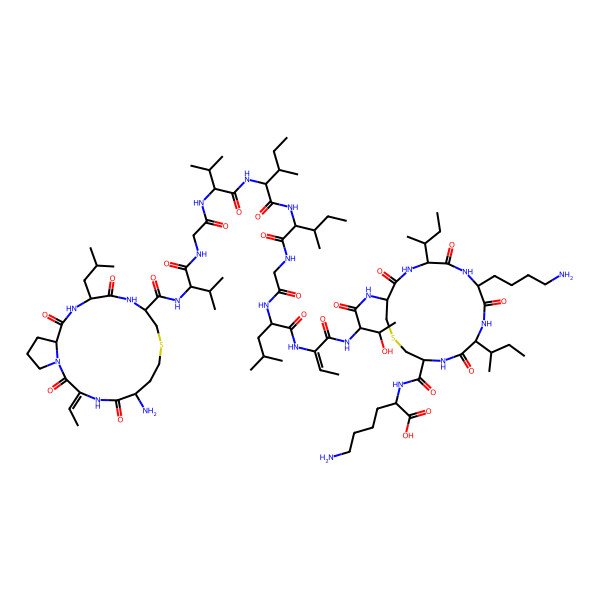 2D Structure of 6-Amino-2-[[9-(4-aminobutyl)-15-[[2-[2-[[2-[[2-[[2-[[2-[[2-[[2-[[2-[[6-amino-3-ethylidene-14-(2-methylpropyl)-2,5,13,16-tetraoxo-9-thia-1,4,12,15-tetrazabicyclo[15.3.0]icosane-11-carbonyl]amino]-3-methylbutanoyl]amino]acetyl]amino]-3-methylbutanoyl]amino]-3-methylpentanoyl]amino]-3-methylpentanoyl]amino]acetyl]amino]-4-methylpentanoyl]amino]but-2-enoylamino]-3-hydroxybutanoyl]amino]-6,12-di(butan-2-yl)-5,8,11,14-tetraoxo-1-thia-4,7,10,13-tetrazacyclohexadecane-3-carbonyl]amino]hexanoic acid
