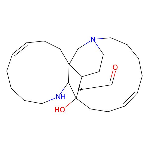 2D Structure of (1R,2R,5Z,12R,13S,16Z)-13-hydroxy-11,22-diazatetracyclo[11.11.2.12,22.02,12]heptacosa-5,16,25-triene-25-carbaldehyde