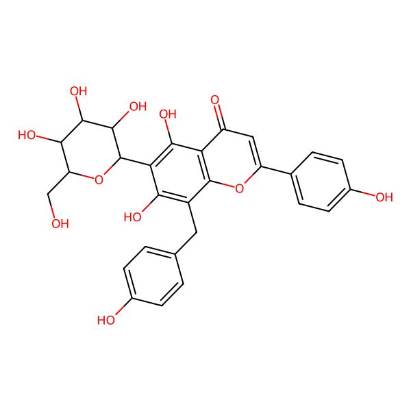 2D Structure of 5,7-Dihydroxy-2-(4-hydroxyphenyl)-8-[(4-hydroxyphenyl)methyl]-6-[3,4,5-trihydroxy-6-(hydroxymethyl)oxan-2-yl]chromen-4-one