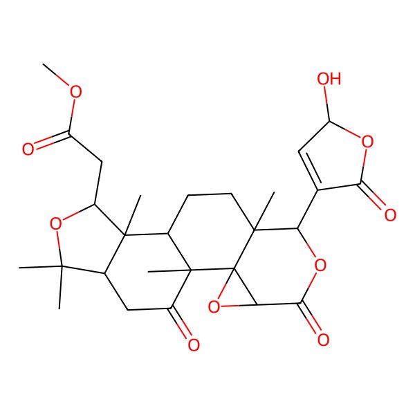 2D Structure of methyl 2-[(1R,2R,4S,7R,8S,11R,12R,13R,16R)-7-[(2S)-2-hydroxy-5-oxo-2H-furan-4-yl]-1,8,12,15,15-pentamethyl-5,18-dioxo-3,6,14-trioxapentacyclo[9.7.0.02,4.02,8.012,16]octadecan-13-yl]acetate