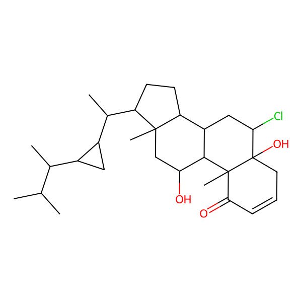 2D Structure of (5S,6S,8S,9S,10R,11R,13R,14S,17R)-6-chloro-5,11-dihydroxy-10,13-dimethyl-17-[(1R)-1-[(1S,2R)-2-[(2R)-3-methylbutan-2-yl]cyclopropyl]ethyl]-6,7,8,9,11,12,14,15,16,17-decahydro-4H-cyclopenta[a]phenanthren-1-one