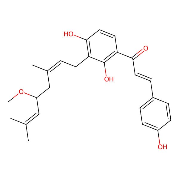 2D Structure of (E)-1-[2,4-dihydroxy-3-[(2E,5S)-5-methoxy-3,7-dimethylocta-2,6-dienyl]phenyl]-3-(4-hydroxyphenyl)prop-2-en-1-one
