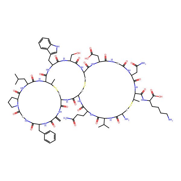 2D Structure of (2R)-6-amino-2-[[(1S,4R,10R,19S,22R,25R,28S,31R,34S,37S,43R,46R,47S,50S,53S,56S,62S)-50-amino-43-(2-amino-2-oxoethyl)-56-(3-amino-3-oxopropyl)-10-benzyl-37-(carboxymethyl)-31-(hydroxymethyl)-28-(1H-indol-3-ylmethyl)-47,62-dimethyl-7-methylidene-22-(2-methylpropyl)-2,5,8,11,14,20,23,26,29,32,35,38,41,44,51,54,57-heptadecaoxo-53-propan-2-yl-48,60,63-trithia-3,6,9,12,15,21,24,27,30,33,36,39,42,45,52,55,58-heptadecazatetracyclo[32.24.3.34,25.015,19]tetrahexacontane-46-carbonyl]amino]hexanoic acid
