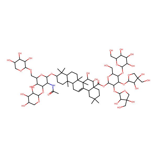 2D Structure of [(2S,3R,4S,5R,6R)-3,4-bis[[(2S,3R,4R)-3,4-dihydroxy-4-(hydroxymethyl)oxolan-2-yl]oxy]-6-(hydroxymethyl)-5-[(2S,3R,4S,5S,6R)-3,4,5-trihydroxy-6-(hydroxymethyl)oxan-2-yl]oxyoxan-2-yl] (4aR,5S,6R,6aR,6aS,6bR,8aR,10S,12aR,14bS)-10-[(2R,3R,4R,5S,6R)-3-acetamido-5-hydroxy-4-[(2S,3R,4S,5R)-3,4,5-trihydroxyoxan-2-yl]oxy-6-[[(2R,3R,4R,5R)-3,4,5-trihydroxyoxan-2-yl]oxymethyl]oxan-2-yl]oxy-5,6-dihydroxy-2,2,6a,6b,9,9,12a-heptamethyl-1,3,4,5,6,6a,7,8,8a,10,11,12,13,14b-tetradecahydropicene-4a-carboxylate