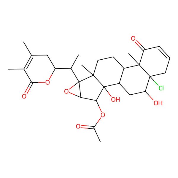 2D Structure of [(1R,2S,3S,4S,6R,7S,10S,11S,16R,17R)-16-chloro-6-[(1R)-1-[(2R)-4,5-dimethyl-6-oxo-2,3-dihydropyran-2-yl]ethyl]-2,17-dihydroxy-7,11-dimethyl-12-oxo-5-oxapentacyclo[8.8.0.02,7.04,6.011,16]octadec-13-en-3-yl] acetate