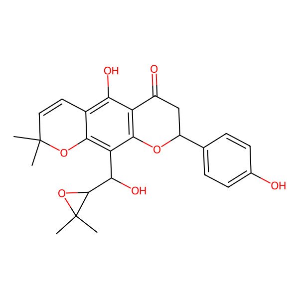 2D Structure of (8S)-10-[(R)-[(2S)-3,3-dimethyloxiran-2-yl]-hydroxymethyl]-5-hydroxy-8-(4-hydroxyphenyl)-2,2-dimethyl-7,8-dihydropyrano[3,2-g]chromen-6-one