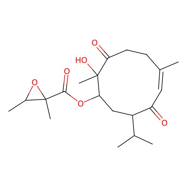 2D Structure of (10-Hydroxy-6,10-dimethyl-4,9-dioxo-3-propan-2-ylcyclodec-5-en-1-yl) 2,3-dimethyloxirane-2-carboxylate