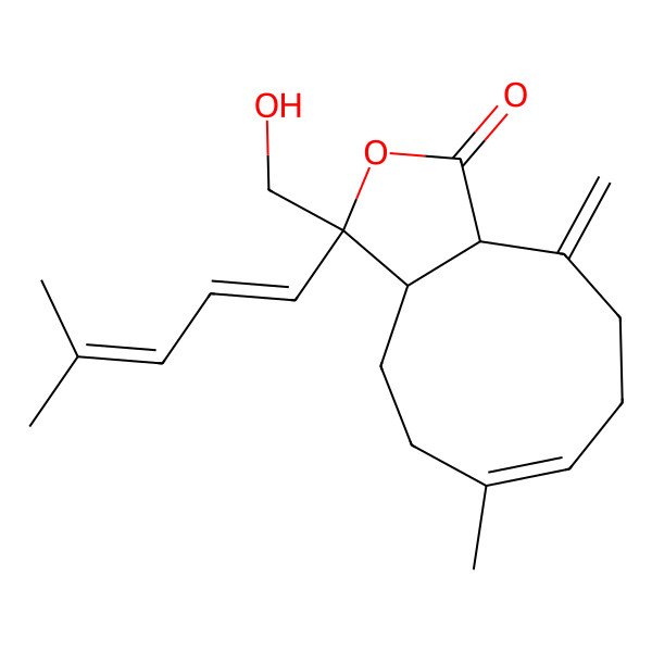2D Structure of 3-(Hydroxymethyl)-6-methyl-10-methylidene-3-(4-methylpenta-1,3-dienyl)-3a,4,5,8,9,10a-hexahydrocyclonona[c]furan-1-one