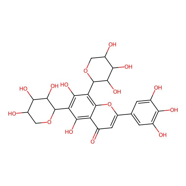 2D Structure of 5,7-dihydroxy-6-[(2S,3R,4S,5S)-3,4,5-trihydroxyoxan-2-yl]-8-[(2S,3S,4R,5S)-3,4,5-trihydroxyoxan-2-yl]-2-(3,4,5-trihydroxyphenyl)chromen-4-one