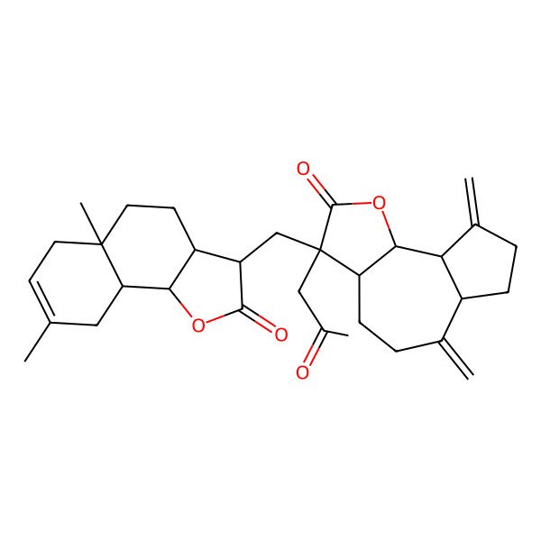 2D Structure of (3aS,6aR,9aR,9bS)-3-[[(3R,5aS,9aS,9bS)-5a,8-dimethyl-2-oxo-3,3a,4,5,6,9,9a,9b-octahydrobenzo[g][1]benzofuran-3-yl]methyl]-6,9-dimethylidene-3-(2-oxopropyl)-3a,4,5,6a,7,8,9a,9b-octahydroazuleno[4,5-b]furan-2-one