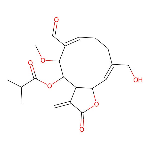 2D Structure of [(3aS,4S,5R,6E,10Z,11aR)-6-formyl-10-(hydroxymethyl)-5-methoxy-3-methylidene-2-oxo-3a,4,5,8,9,11a-hexahydrocyclodeca[b]furan-4-yl] 2-methylpropanoate