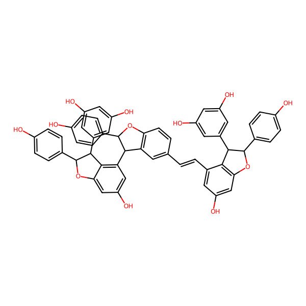 2D Structure of 5-[(2R,3S)-4-[(E)-2-[(2R,3S)-3-[(2R,3S)-3-(3,5-dihydroxyphenyl)-6-hydroxy-2-(4-hydroxyphenyl)-2,3-dihydro-1-benzofuran-4-yl]-2-(4-hydroxyphenyl)-2,3-dihydro-1-benzofuran-5-yl]ethenyl]-6-hydroxy-2-(4-hydroxyphenyl)-2,3-dihydro-1-benzofuran-3-yl]benzene-1,3-diol