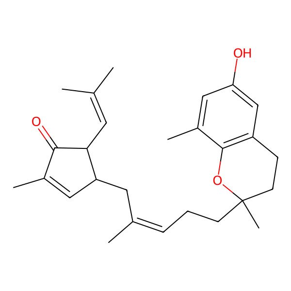 2D Structure of (4R,5R)-4-[5-[(2R)-6-hydroxy-2,8-dimethyl-3,4-dihydrochromen-2-yl]-2-methylpent-2-enyl]-2-methyl-5-(2-methylprop-1-enyl)cyclopent-2-en-1-one