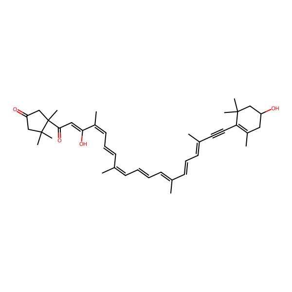 2D Structure of (3S)-3-[(2Z,4E,6E,8E,10E,12E,14E,16E)-3-hydroxy-19-[(4S)-4-hydroxy-2,6,6-trimethylcyclohexen-1-yl]-4,8,13,17-tetramethylnonadeca-2,4,6,8,10,12,14,16-octaen-18-ynoyl]-3,4,4-trimethylcyclopentan-1-one