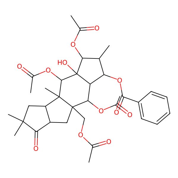 2D Structure of [(1R,2R,3R,4S,5R,6R,7S,8R,9S,10R,14R)-2,6,8-triacetyloxy-1-(acetyloxymethyl)-7-hydroxy-5,9,12,12-tetramethyl-13-oxo-4-tetracyclo[7.6.0.03,7.010,14]pentadecanyl] benzoate