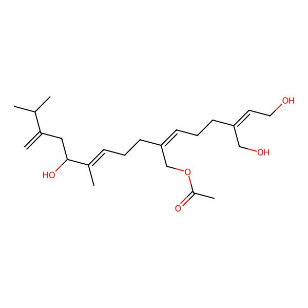 2D Structure of [(E,2Z,7R)-7-hydroxy-2-[(E)-6-hydroxy-4-(hydroxymethyl)hex-4-enylidene]-6,10-dimethyl-9-methylideneundec-5-enyl] acetate