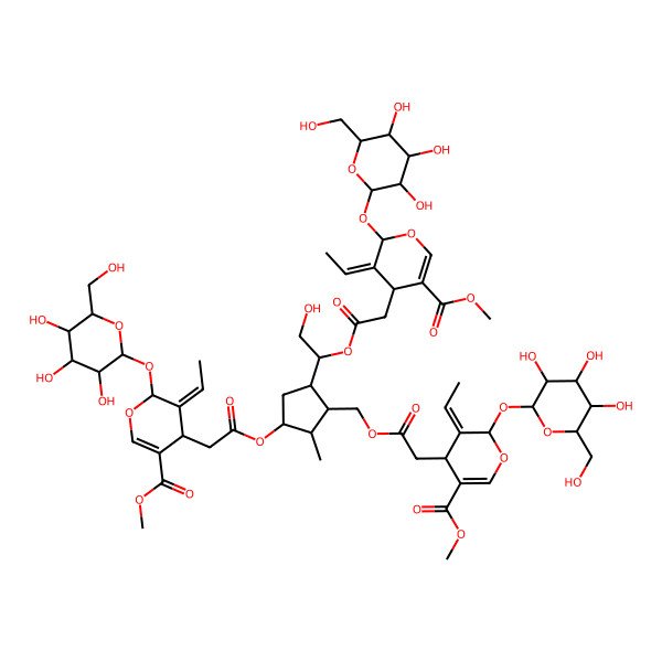 2D Structure of methyl (4S,5E,6S)-5-ethylidene-4-[2-[[(1R,2R,3R,5R)-3-[2-[(2S,3E,4S)-3-ethylidene-5-methoxycarbonyl-2-[(2S,3R,4S,5S,6R)-3,4,5-trihydroxy-6-(hydroxymethyl)oxan-2-yl]oxy-4H-pyran-4-yl]acetyl]oxy-5-[(1R)-1-[2-[(2S,3E,4S)-3-ethylidene-5-methoxycarbonyl-2-[(2S,3R,4S,5S,6R)-3,4,5-trihydroxy-6-(hydroxymethyl)oxan-2-yl]oxy-4H-pyran-4-yl]acetyl]oxy-2-hydroxyethyl]-2-methylcyclopentyl]methoxy]-2-oxoethyl]-6-[(2S,3R,4S,5S,6R)-3,4,5-trihydroxy-6-(hydroxymethyl)oxan-2-yl]oxy-4H-pyran-3-carboxylate