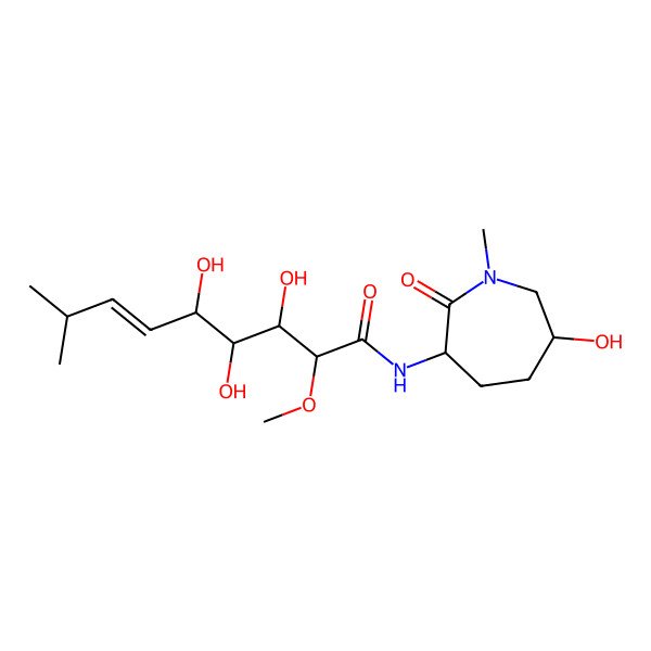 2D Structure of (E,3R,4S,5R)-3,4,5-trihydroxy-N-[(3S,6S)-6-hydroxy-1-methyl-2-oxoazepan-3-yl]-2-methoxy-8-methylnon-6-enamide