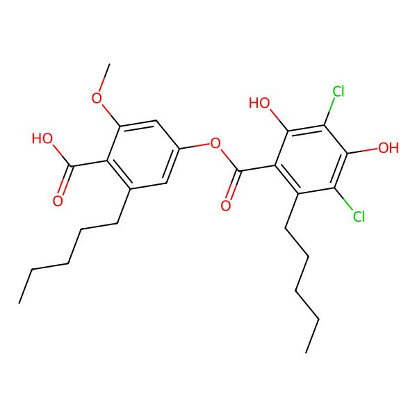 2D Structure of Benzoic acid, 3,5-dichloro-2,4-dihydroxy-6-pentyl-, 4-carboxy-3-methoxy-5-pentylphenyl ester