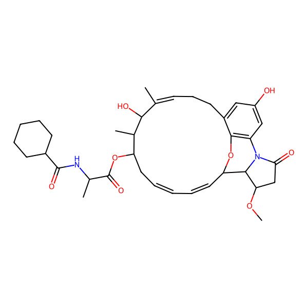 2D Structure of [(4E,10E,12Z)-6,22-dihydroxy-16-methoxy-5,7-dimethyl-18-oxo-25-oxa-19-azatetracyclo[12.9.2.015,19.020,24]pentacosa-1(24),4,10,12,20,22-hexaen-8-yl] 2-(cyclohexanecarbonylamino)propanoate