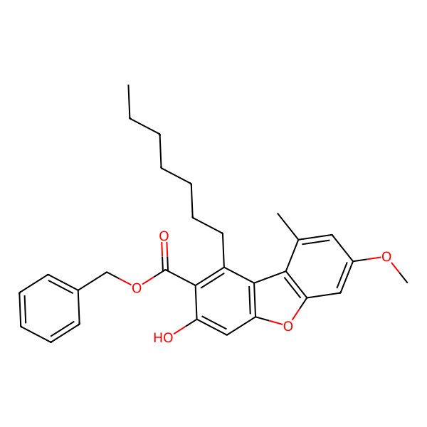 2D Structure of Benzyl 1-heptyl-3-hydroxy-7-methoxy-9-methyldibenzofuran-2-carboxylate