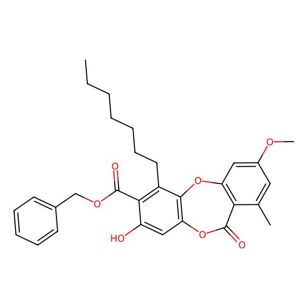 2D Structure of Benzyl 1-heptyl-3-hydroxy-9-methoxy-7-methyl-6-oxobenzo[b][1,4]benzodioxepine-2-carboxylate