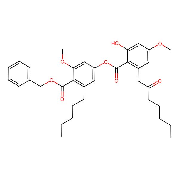 2D Structure of Benzyl 4-[2-hydroxy-4-methoxy-6-(2-oxoheptyl)benzoyl]oxy-2-methoxy-6-pentylbenzoate