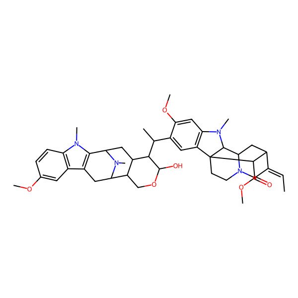 2D Structure of methyl (13Z)-13-ethylidene-4-[1-(16-hydroxy-7-methoxy-3,20-dimethyl-15-oxa-3,20-diazapentacyclo[10.7.1.02,10.04,9.013,18]icosa-2(10),4(9),5,7-tetraen-17-yl)ethyl]-5-methoxy-8-methyl-8,15-diazapentacyclo[10.5.1.01,9.02,7.010,15]octadeca-2(7),3,5-triene-18-carboxylate