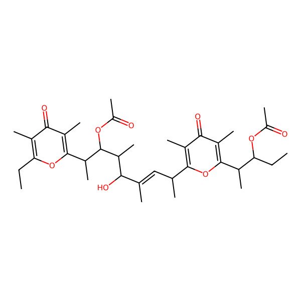 2D Structure of [(2S,3S)-2-[6-[(E,2R,5S,6S,7R,8R)-7-acetyloxy-8-(6-ethyl-3,5-dimethyl-4-oxopyran-2-yl)-5-hydroxy-4,6-dimethylnon-3-en-2-yl]-3,5-dimethyl-4-oxopyran-2-yl]pentan-3-yl] acetate