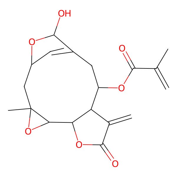 2D Structure of (14-Hydroxy-3-methyl-9-methylidene-8-oxo-4,7,15-trioxatetracyclo[11.2.1.03,5.06,10]hexadec-13(16)-en-11-yl) 2-methylprop-2-enoate