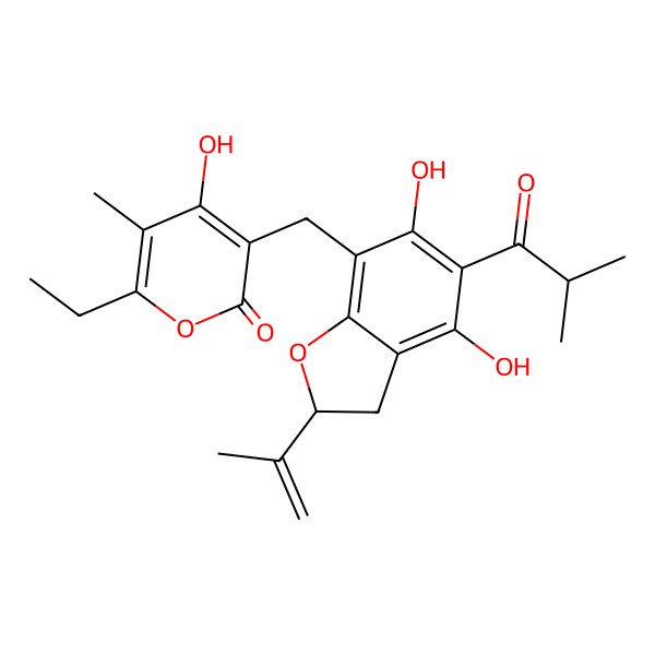 2D Structure of 3-[[(2R)-4,6-dihydroxy-5-(2-methylpropanoyl)-2-prop-1-en-2-yl-2,3-dihydro-1-benzofuran-7-yl]methyl]-6-ethyl-4-hydroxy-5-methylpyran-2-one