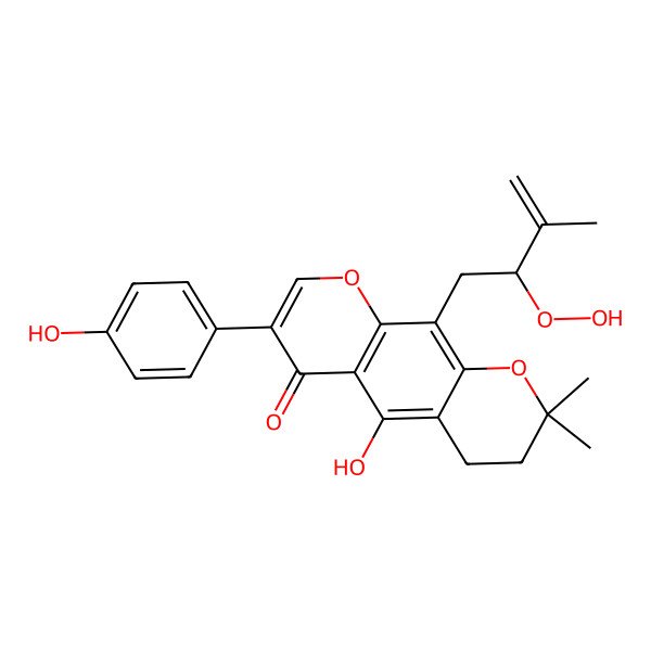 2D Structure of 10-[(2R)-2-hydroperoxy-3-methylbut-3-enyl]-5-hydroxy-7-(4-hydroxyphenyl)-2,2-dimethyl-3,4-dihydropyrano[3,2-g]chromen-6-one